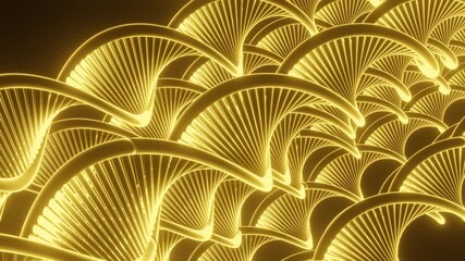 Poster - Close up of abstract plastic golden springs stretching isolated on a black background. Design. Spiral shaped long wavy figures moving all together.