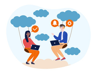 Poster - male and female office employees working on laptops on swing suspend on cloud online on white backgr