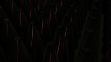 Abstract Background With Many Rows Of Cone Shaped Pillars With Cut Top And Red Light Flares. Design. Field Of 3D Striped Columns.