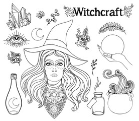 Sticker - Witchcraft set. Ouija planchette , cauldron, crystal ball, poison bottle, herbs and flowers. Vector illustration isolated on white. Gothic design, magician symbol in black outlines. Future telling.