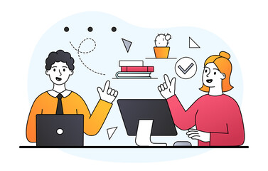Poster - happy male and female characters are working in the office together on white background. concept of 
