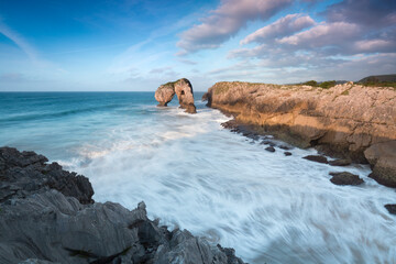 Wall Mural - Rock of Castro de las Gaviotas (Castro of the Seagulls) at sunrise, Asturias, Spain
Golden light at sunset, Northern Spain