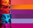 Collage of cropped male and female faces, eyes placed on the left narrow stripes in neon lights isolated over multicolored backgrounds