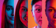 Collage of four half male and female multiethnic faces faces placed on narrow vertical stripes in neon lights.