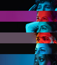 Collage Of Cropped Male And Female Faces, Eyes Placed On The Right Narrow Stripes In Neon Lights Isolated Over Multicolored Backgrounds