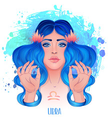 Wall Mural - Libra astrological sign as a beautiful girl. Vector illustration over watercolor background isolated on white. Future telling, horoscope. Fashion woman zodiac set.