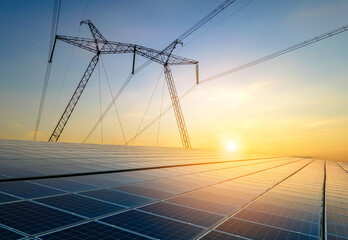high voltage pylons with electric power lines transfering electricity from solar photovoltaic sells 