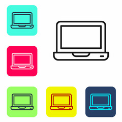 Poster - Black line Laptop icon isolated on white background. Computer notebook with empty screen sign. Set icons in color square buttons. Vector