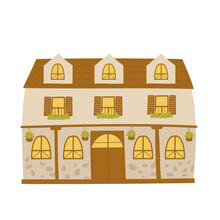 Cute Brown House, Home In Village Or Town Vector Illustration. Cartoon Summer Townhouse Architecture, Funny House Building Cottage With Roof Door Windows Isolated On White