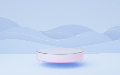 Wall Mural - Empty glass cylinder podium float on translucent glass, blue wave background. Abstract pastel minimal studio 3d geometric shape. Mockup space for display of product design. Paper cut style. 3d render.