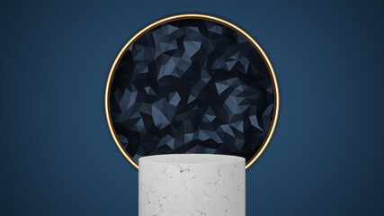 Wall Mural - white marble cylinder podium with gold border float on dark blue triangle texture background. Abstract minimal studio geometric object. Pedestal mockup space for display of product design. 3d render.