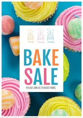 Poster - Composition of bake sale text over cupcakes on blue background