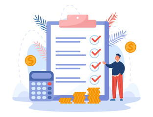 Fototapete - Businessman standing next to business document and calculator. Man planning budget of company flat vector illustration. Finances, taxes concept for banner, website design or landing web page