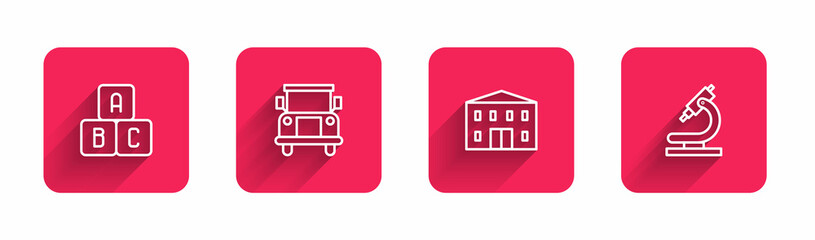 Sticker - Set line ABC blocks, School Bus, building and Microscope with long shadow. Red square button. Vector