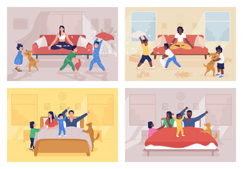 Poster - Parenting challenges flat color vector illustration set. Routine at home with children. Kids waking up parents. Family 2D cartoon characters with home interior on background collection