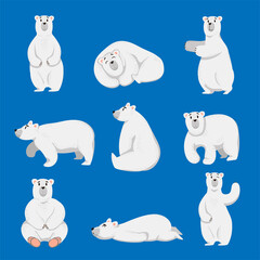Wall Mural - Cartoon white polar bear set. Vector illustration of cute winter Arctic animals in different poses, wild or zoo polar bear standing, sleeping on blue background. Wildlife, nature of North concept