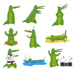 Wall Mural - Funny alligator cartoon character vector illustration set. Drawings of crocodile in pond, big green gator running, meditating, dancing isolated on white background. Nature, wildlife, animals concept