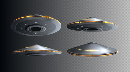 Canvas Print - UFO spaceship with lights isolated. Set of vector flying 3d alien space ships.