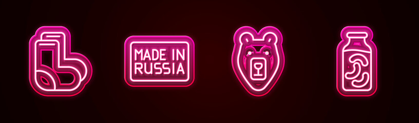 Canvas Print - Set line Valenki, Made in Russia, Bear head and Pickled cucumbers jar. Glowing neon icon. Vector