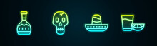 Set Line Tequila Bottle, Skull, Mexican Sombrero And Glass With Lemon. Glowing Neon Icon. Vector