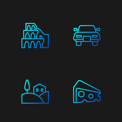 Wall Mural - Set line Cheese, Village landscape, Coliseum in Rome and Car. Gradient color icons. Vector