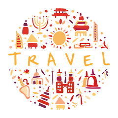 Sticker - Travel to Different Country Hand Drawn Vector Circle Template