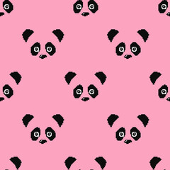 Wall Mural - Panda face on a pink seamless background, pixel texture, cool print.