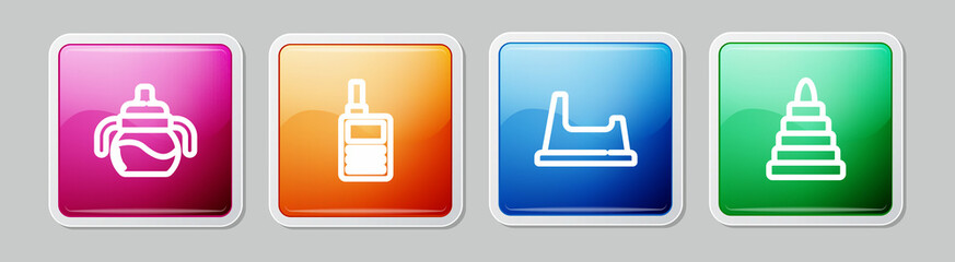 Sticker - Set line Baby bottle, Monitor Walkie Talkie, potty and Pyramid toy. Colorful square button. Vector