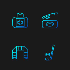 Sticker - Set line Ice hockey stick and puck, Winter scarf, First aid kit and fishing. Gradient color icons. Vector