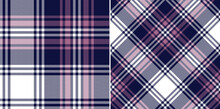 Tartan Plaid Pattern In Navy Blue, Pink, White. Seamless Herringbone Textured Large Check Plaid Vector For Flannel Shirt, Blanket, Duvet Cover, Other Modern Spring Autumn Winter Fashion Textile Print.