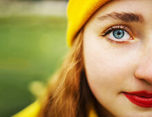 Close Up Fashion Portrait Of Cute Teen Girl With Big Blue Eyes, Hollow Lips, Prefect Skin And Blonde Hair. Natural Composition.