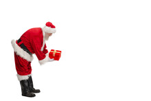 Santa Claus Leaning And Bending Over Giving Gift For Composite Overlay Or Ad Copy Space