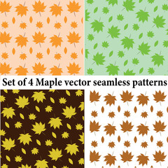 Wall Mural - Collection set of 4 maple leaves vector seamless patterns in orange, green, yellow and brown.  For home décor, autumn and Thanksgiving greeting cards, wallpaper,  posters and gift wrapping paper