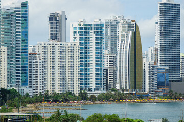 Closeup panoramic view of the Cartagena modern Downtown skyline in Colombia