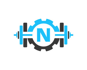 Fitness Gym Logo On Letter N. Fitness Club Icon With Exercising Equipment. Initial Alphabet Letter N GYM Logo Design Template