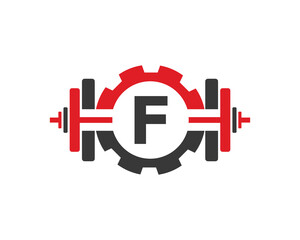 Fitness Gym Logo On Letter F. Fitness Club Icon With Exercising Equipment. Initial Alphabet Letter F GYM Logo Design Template