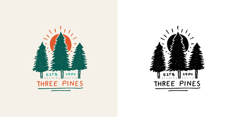 Wall Mural - Christmas trees with red sun emblem or badge. Fir forest. Engraved hand drawn in old vintage sketch. Doodle Wooden travel logo. Hiking sticker. 