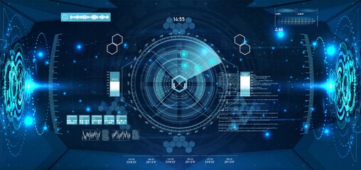 Wall Mural - VR helmet view with HUD interface and cyberspace. Head-Up display design virtual reality helmet with futuristic gadgets. Interactive target capture system. HUD, GUI, UI elements. Vector template 