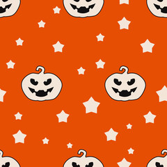 Poster - White pumpkins aand orange background. Vector repeated seamless pumpkins and stars.