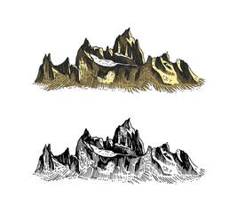 Mountains peaks. Old Hill. Vintage, looking hand drawn. Engraved style. Sketch for hiking, climbing. Doodle style