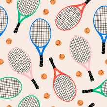 Colorful Tennis Rackets And Balls. Sport Equipment, Fitness Concept. Hand Drawn Modern Vector Illustration. Cartoon Style. Square Seamless Pattern, Wallpaper. Textile, Wrapping Paper, Print Template