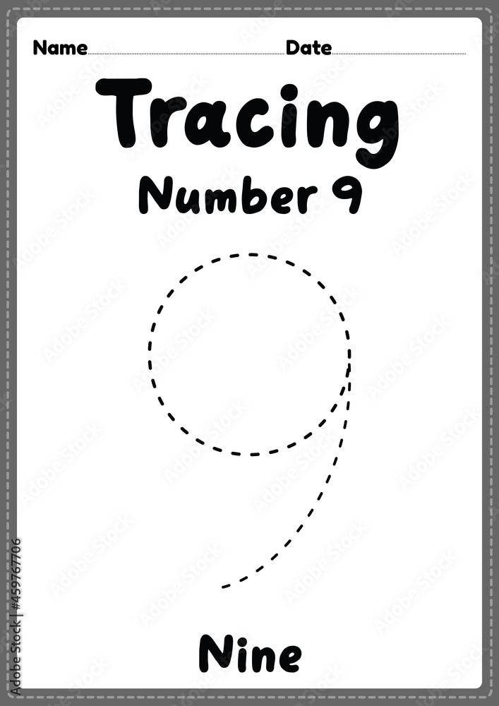 Tracing number 9 worksheet for kindergarten, preschool and Montessori ...