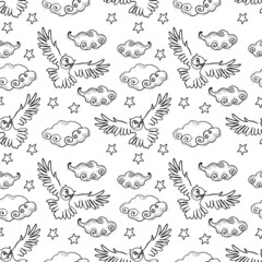 Minimalist doodle style black outline owl seamless pattern design