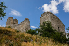 Klentnice, South Moravia, Czech Republic, 05 July 2021:  ruins of medieval Orphan's castle or Sirotci hradek, St. Jacob's Way at sunny summer day, gothic fortress, stronghold on hill, Palava region