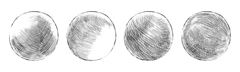 Wall Mural - Hand drawn shaded spheres. Simple black pen and ink doodle sketches of circles with different types of shading texture. Shading tutorial, hand sketch design elements. Vector illustration.