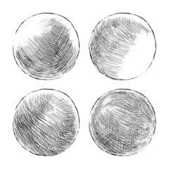 Wall Mural - Hand drawn shaded spheres. Simple black pen and ink doodle sketches of circles with different types of shading texture. Shading tutorial, hand sketch design elements. Vector illustration.