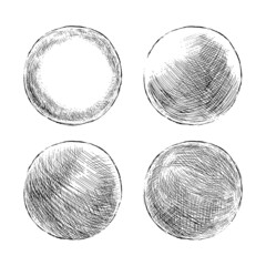 Wall Mural - Hand drawn shaded spheres. Simple black pen and ink doodle sketches of circles with different types of shading texture. Shading tutorial, hand sketch design elements. Vector illustration.