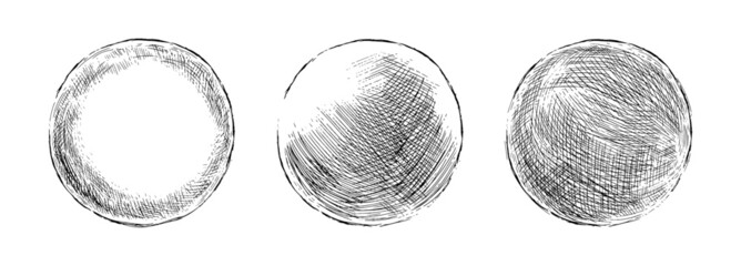 Wall Mural - Hand drawn shaded spheres. Simple black pen and ink doodle sketches of circles with different types of shading texture. Shading tutorial, hand sketch design elements. Vector illustration.