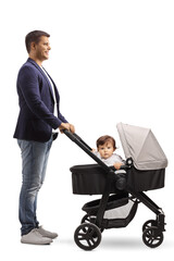 Sticker - Full length profile shot of a young father with a cute baby in a stroller