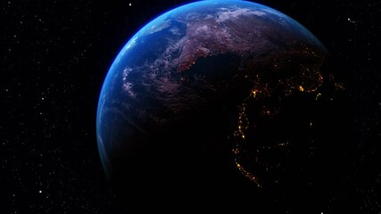 Wall Mural - Zoom of planet earth globe with partial view of the world during the day and at night. Starry  space background. Ideal for climate change, weather, globalization, environment